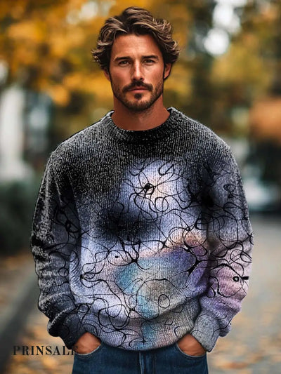 Men’s Fashion Smudged Lines Entwined Trend Print Long-Sleeved Crewneck Sweater Flower Color / S