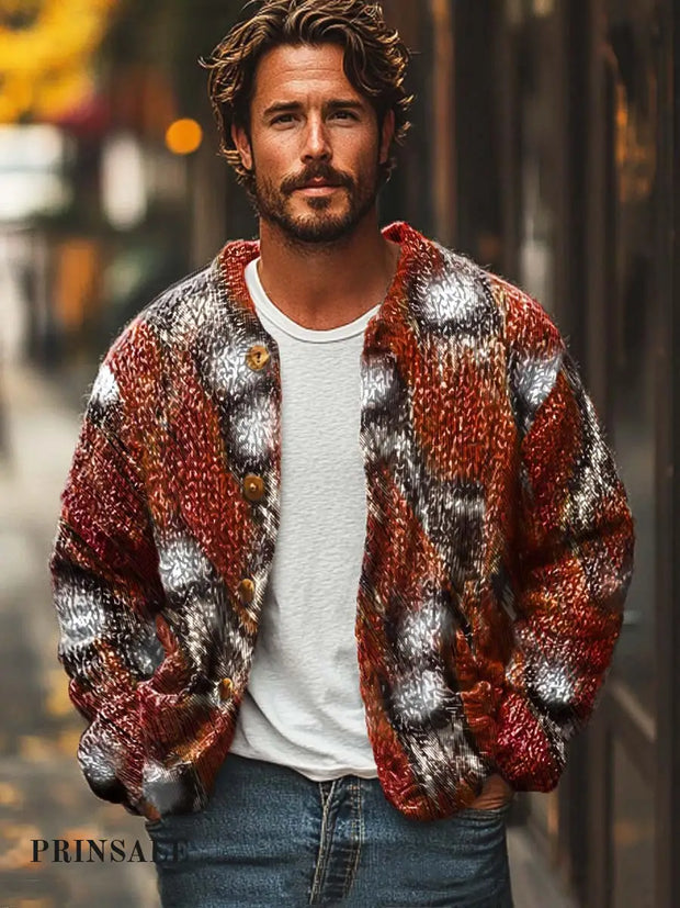 Men’s Fashion Trend Abstract Print Sweater Cardigan Flower Color / S