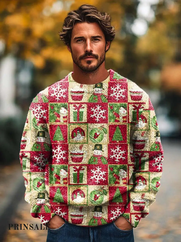 Men’s Fashion Trend Christmas Geometric Patchwork Printed Crewneck Sweater Flower Color / S