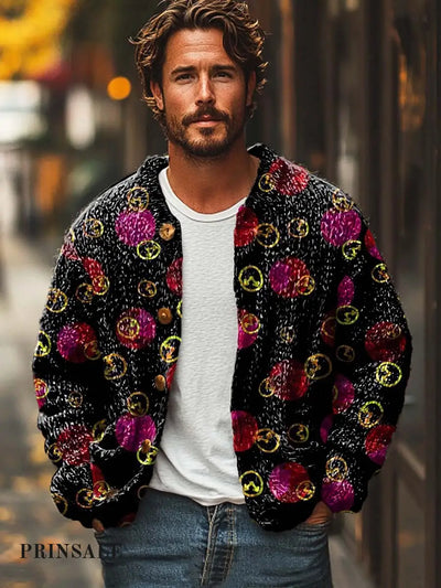 Men’s Fashion Trend Round Art Print Long Sleeve Sweater Cardigan Flower Color / S