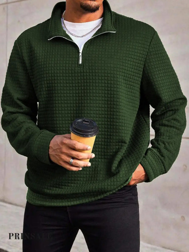 Men’s Fashion Trend Solid Color Waffle Zipper Neckline Long Sleeve Sweatshirt Green / S