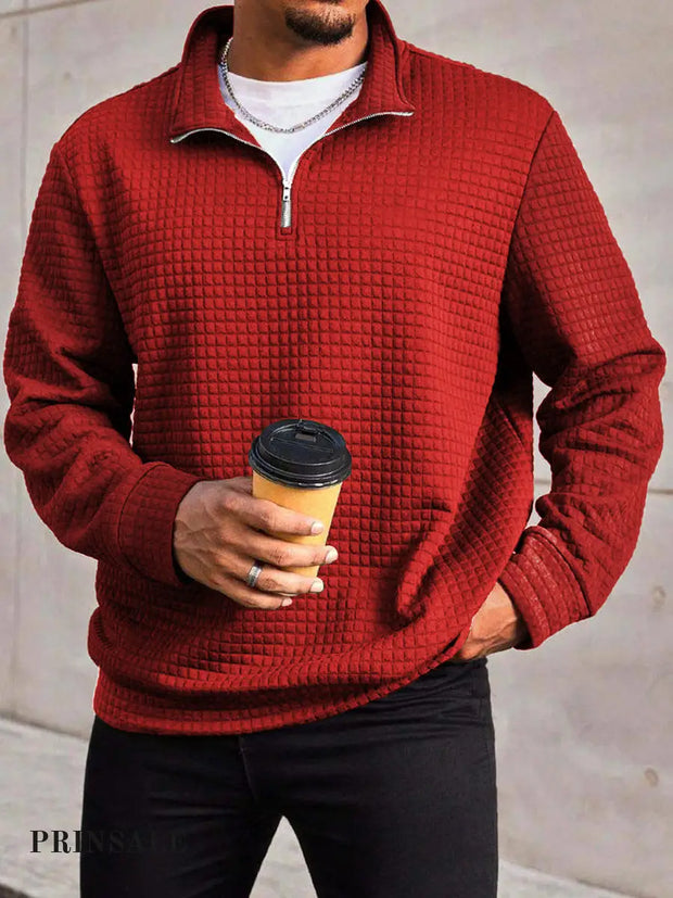 Men’s Fashion Trend Solid Color Waffle Zipper Neckline Long Sleeve Sweatshirt Red / S