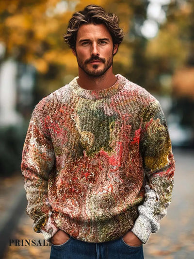 Men’s Fashion Trend Texture Smudge Art Print Crewneck Sweater Flower Color / S