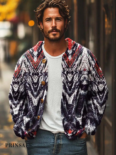 Men’s Fashion Trend Versatile Printed Sweater Cardigan Flower Color / S