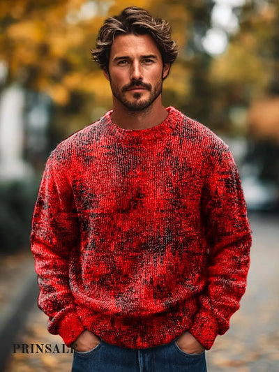 Men’s Fashion Trends Abstract Art Print Crew Neck Sweater Red / S