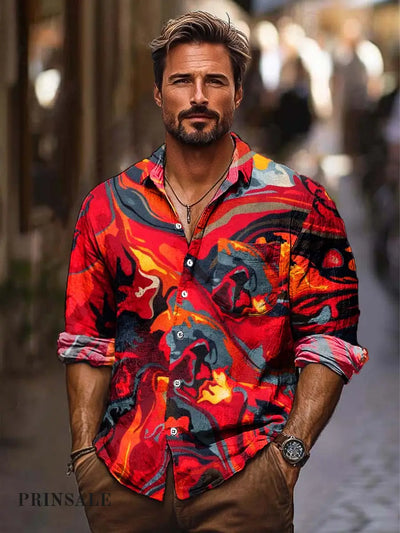 Men’s Fashion Trends Abstract Art Print Lapel Shirt Long Sleeve Flower Color / S