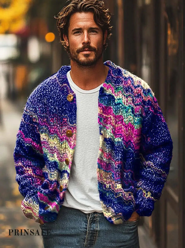 Men’s Fashion Trends Abstract Art Print Long Sleeve Sweater Cardigan Flower Color / S