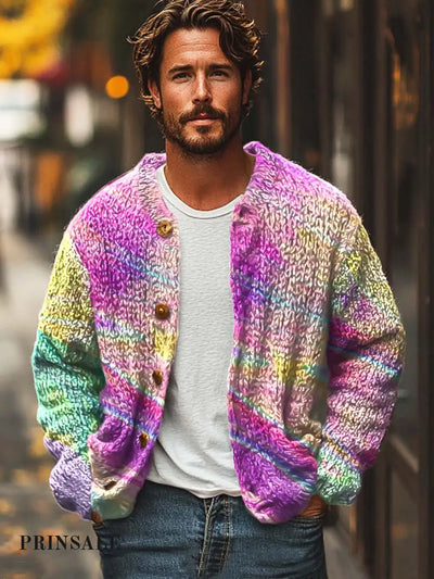 Men’s Fashion Trends Abstract Color Art Print Sweater Cardigan Flower Color / S