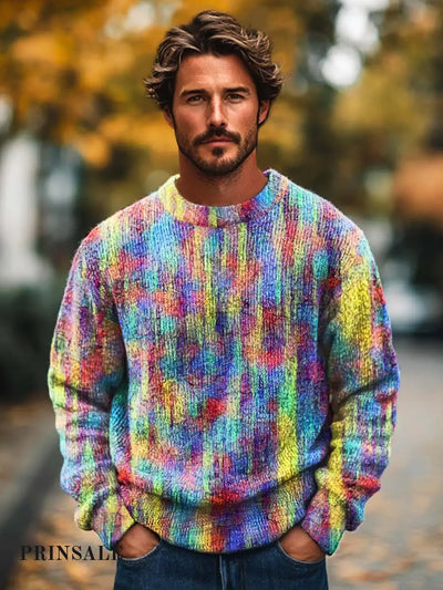 Men’s Fashion Trends Abstract Color Smudge Art Crew Neck Sweater Flower Color / S