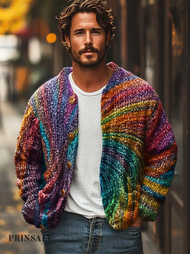 Men’s Fashion Trends Abstract Colorful Art Sweater Cardigan Flower Color / S