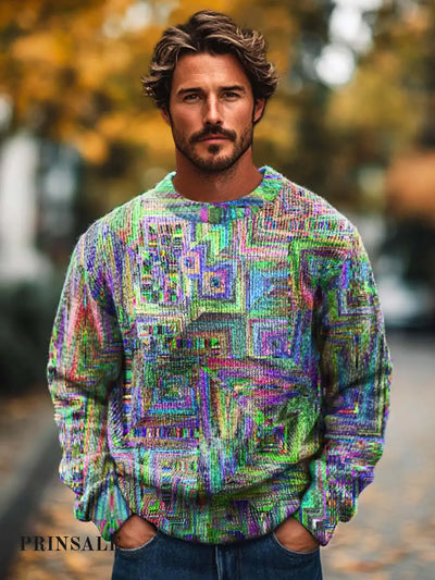 Men’s Fashion Trends Abstract Geometric Art Crewneck Sweater Flower Color / S