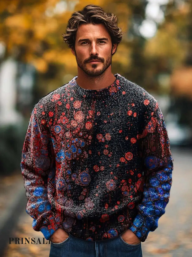 Men’s Fashion Trends Abstract Texture Art Print Crew Neck Sweater Flower Color / S