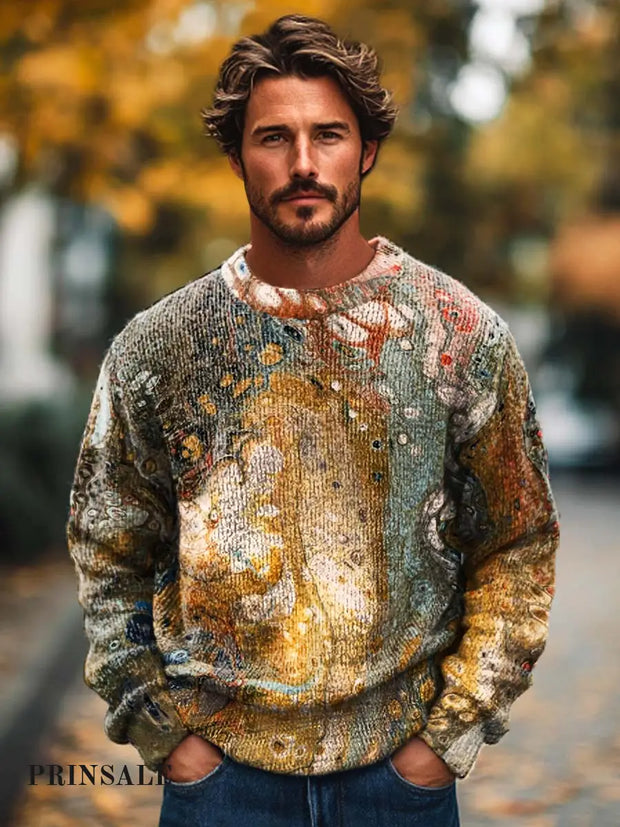 Men’s Fashion Trends Abstract Texture Art Print Crew Neck Sweater Flower Color / S