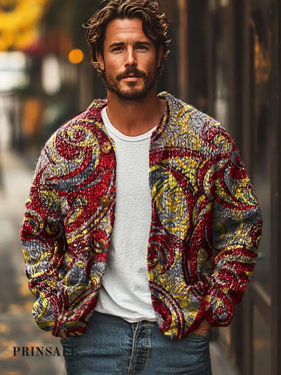 Men’s Fashion Trends Abstract Texture Art Print Sweater Cardigan Flower Color / S