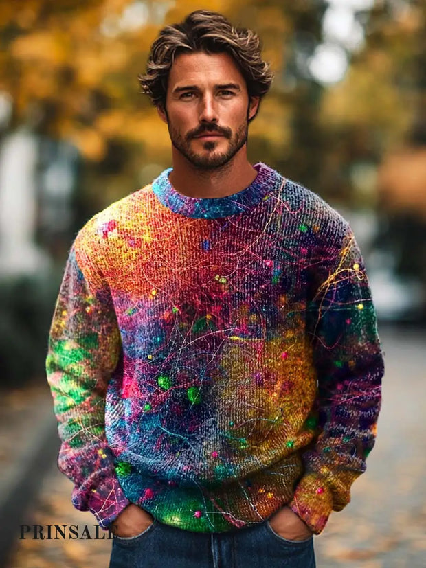 Men’s Fashion Trends Abstract Texture Line Art Crew Neck Sweater Flower Color / S