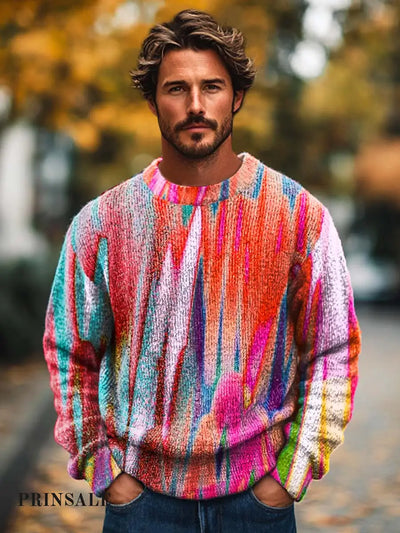 Men’s Fashion Trends Colorful Art Crewneck Sweaters Flower Color / S