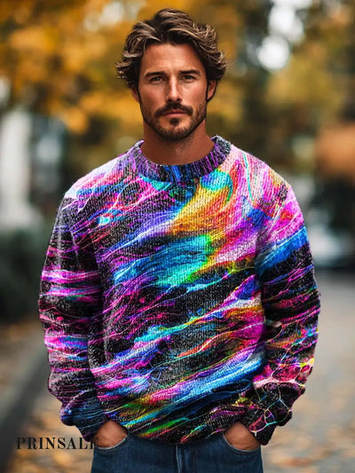 Men’s Fashion Trends Colorful Textured Art Print Crewneck Sweater Flower Color / S