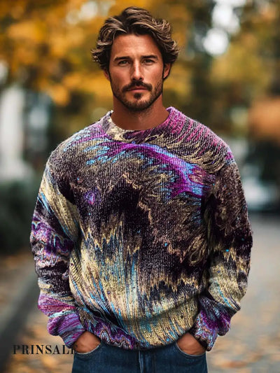 Men’s Fashion Trends Colorful Textured Art Print Crewneck Sweater Flower Color / S