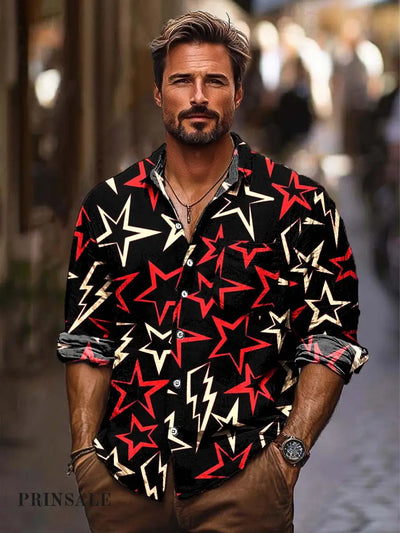 Men’s Fashion Trends: Long-Sleeved Shirt With A Roll-Lapel Star Print Flower Color / S