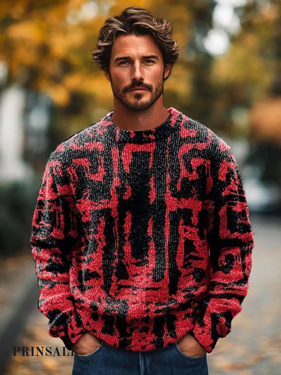 Men’s Fashion Trends Personalized Geometric Print Long-Sleeved Crewneck Sweater Flower Color / S