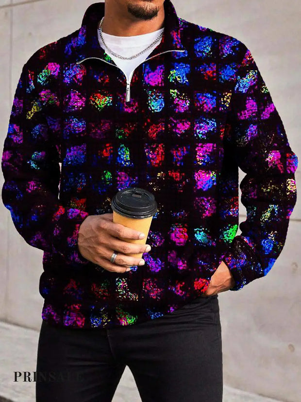 Men’s Fashion Trendy Glass Colorful Grid Printed Waffle Zipper Collar Long Sleeve Hoodie Flower