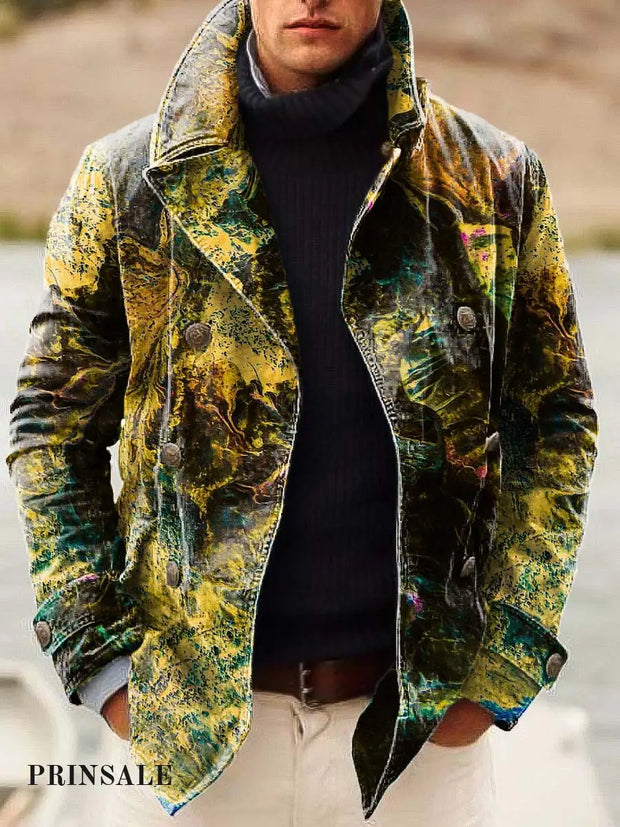 Men’s Fashion Unique Texture Smudge Print Lapel Double-Breasted Jacket Flower Color / S