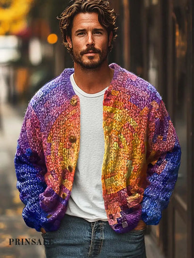 Men’s Fashion Versatile Abstract Art Sweater Cardigan Flower Color / S