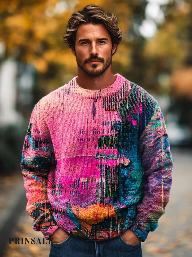 Men’s Fashion Versatile Abstract Colorful Art Crew Neck Sweater Flower Color / S