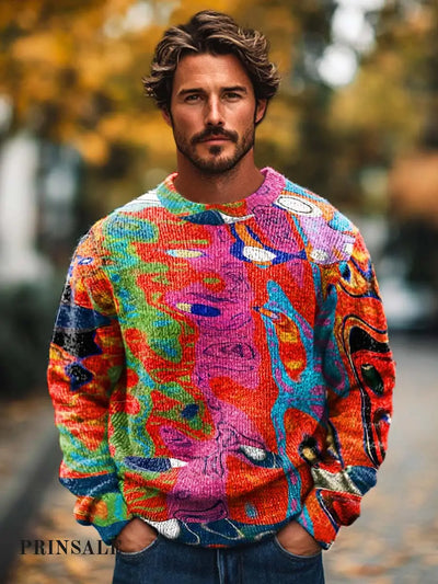 Men’s Fashion Versatile Abstract Colorful Wave Art Crew Neck Sweater Flower Color / S