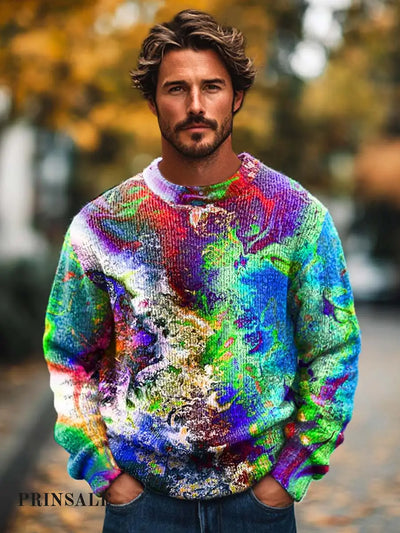 Men’s Fashion Versatile Abstract Texture Art Crewneck Sweater Flower Color / S