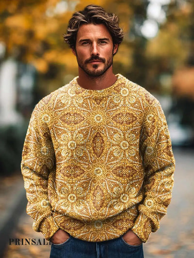 Men’s Fashion Versatile Art Print Crewneck Sweater Yellow / S