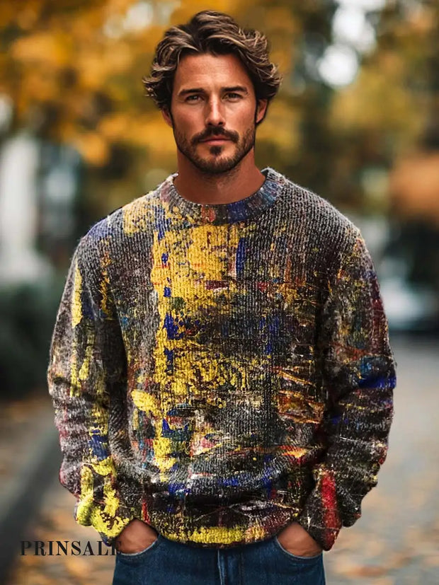 Men’s Fashion Versatile Textured Art Print Long-Sleeved Crewneck Sweater Flower Color / S