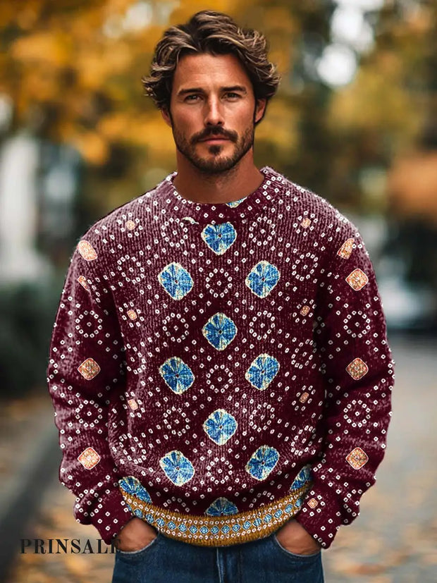 Men’s Fashion Versatile Trend Art Print Crewneck Sweater Flower Color / S