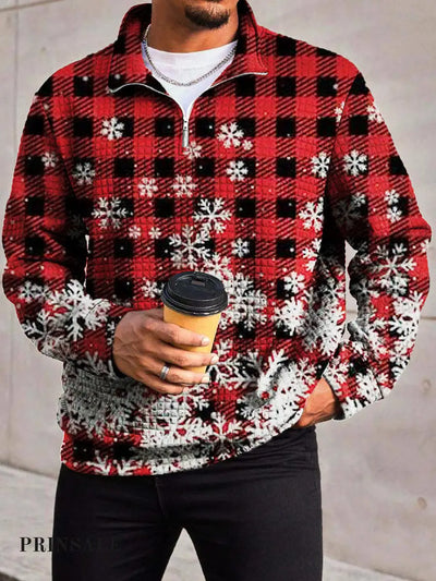 Men’s Fashionable And Simple Checkered Snowflake Print Waffle Zipper Collar Long Sleeved