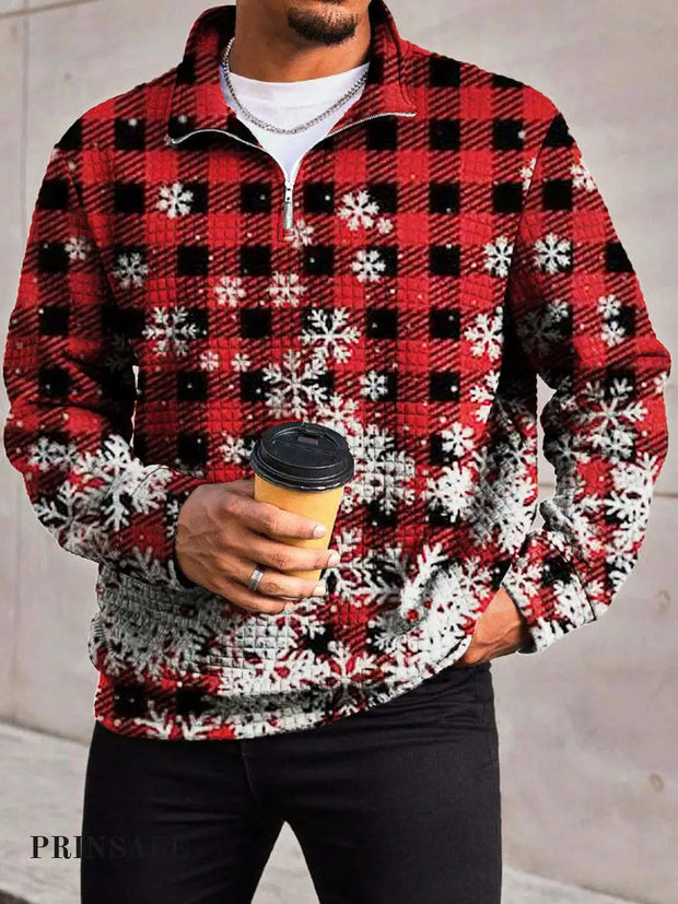 Men’s Fashionable And Simple Checkered Snowflake Print Waffle Zipper Collar Long Sleeved