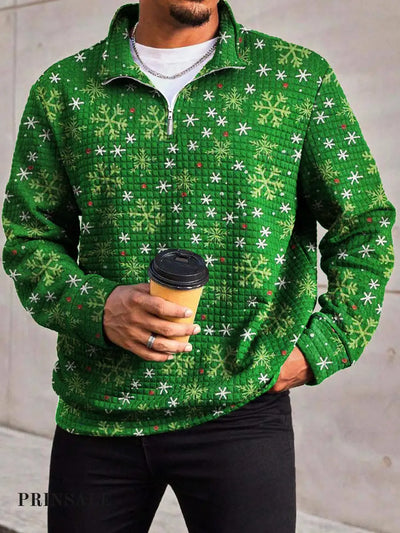 Men’s Fashionable And Simple Christmas Snowflake Print Waffle Zipper Collar Long Sleeved