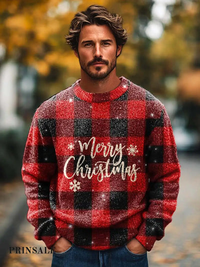 Men’s Fashionable Retro Checkered Christmas Happy Print Knitted Long Sleeved Round Neck Sweater