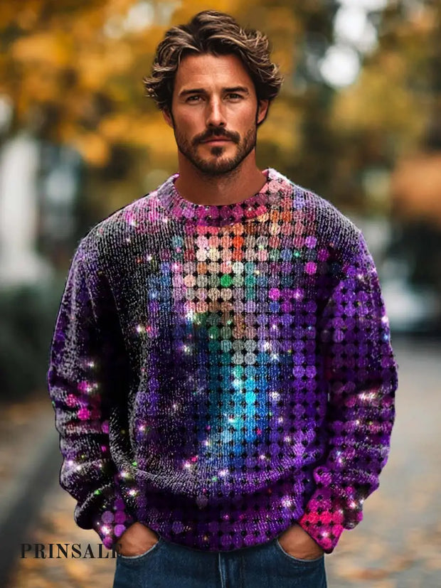 Men’s Fashionable Retro Disco Glitter Print Knitted Long Sleeved Round Neck Sweater Flower Color / S