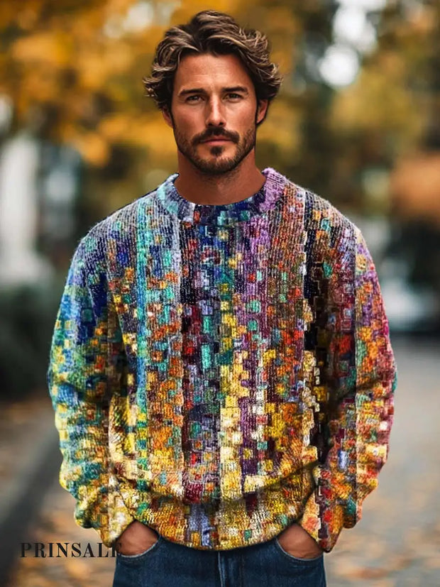 Men’s Fashionable Retro Gradient Glitter Print Knitted Long Sleeved Round Neck Sweater Flower