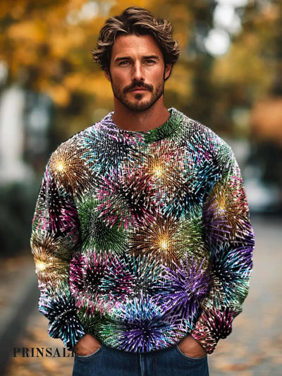 Men’s Fashionable Shiny Colored Fireworks Printed Knitted Long Sleeved Round Neck Sweater Flower