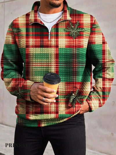 Men’s Fashionable Versatile Checkered Christmas Print Waffle Zipper Collar Long Sleeved Hoodie