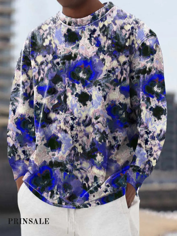 Men’s Floral Smudge Digital Print Chic Casual Crewneck Long-Sleeved Sweatshirt Blue / S