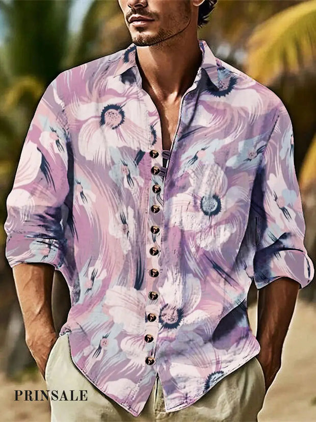 Men’s Flowers Cotton Summer Casual Beach Shirt Long Sleeve Light Purple / S