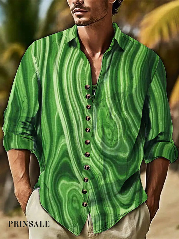 Men’s Green Line Cotton Summer Casual Beach Shirt Long Sleeve / S