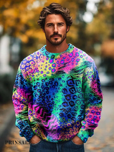 Men’s Handsome Colorful Leopard Print Crewneck Base Sweater Flower Color / S