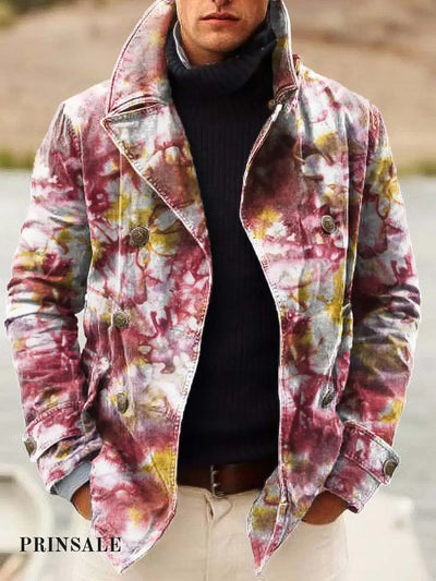 Men’s Ink Smudge Pattern Fashion Print Loose Long Sleeve Double-Breasted Jacket Flower Color / S