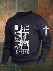 Men’s Jesus Is King Bible Verse Printed Sweatshirt Navy Blue / 4XL