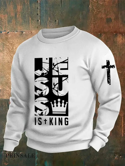 Men’s Jesus Is King Bible Verse Printed Sweatshirt White / S