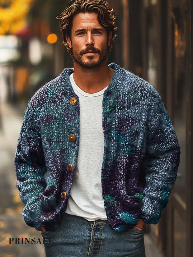 Men’s Mature Temperament Abstract Texture Art Print Long Sleeve Sweater Cardigan Flower Color / S