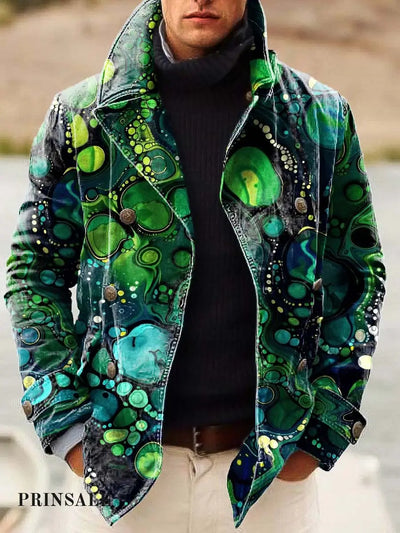 Men’s Natural Texture Abstract Art Print Loose Long Sleeve Double-Breasted Jacket Green / S